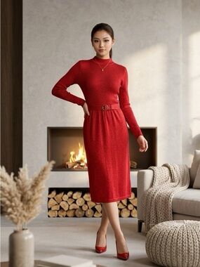 2363 - Free People Shimmer Ribbed Mock-Neck Belted Sweater Dress